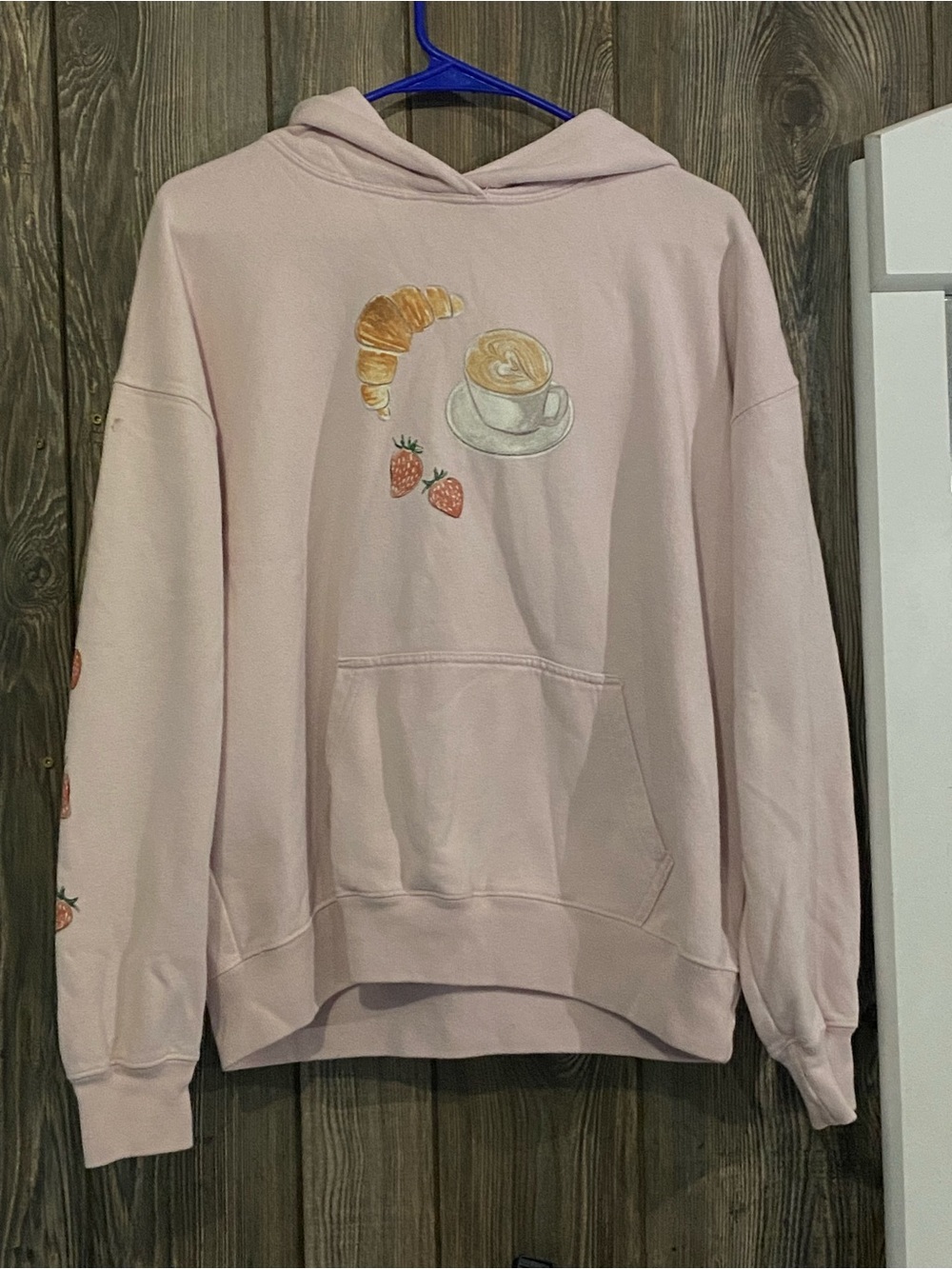 Hollister Light Pink Hoodie with Coffee, Croissant & Strawberry Motif